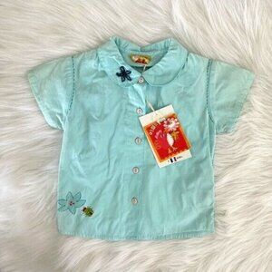 Dpam Girls Sz 4 Blue Peter Pan Collar Beaded Blouse Short Sleeve Shirt Top